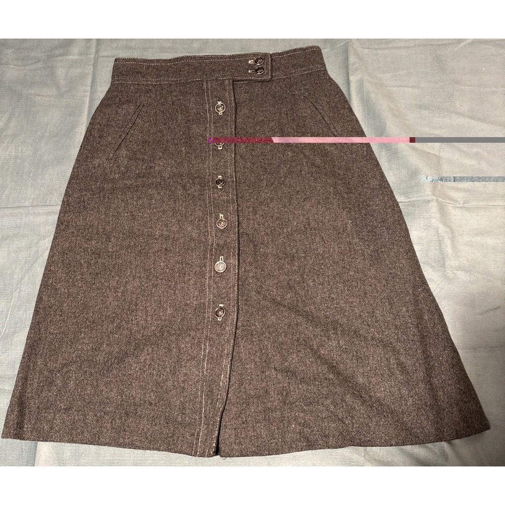 Vintage Brown Wool Blend Button Front A-Line Skirt Midi Crest Buttons 27 Waist